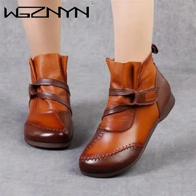 

2023 Winter New Ethnic Style Color Matching Low Heel Flat Leather Boots Spring and Autumn Genuine PU Leather Retro Women's Shoes