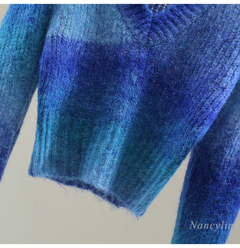 Синий вязаный свитер с градиентным V-образным вырезом Женский весенне-зимний