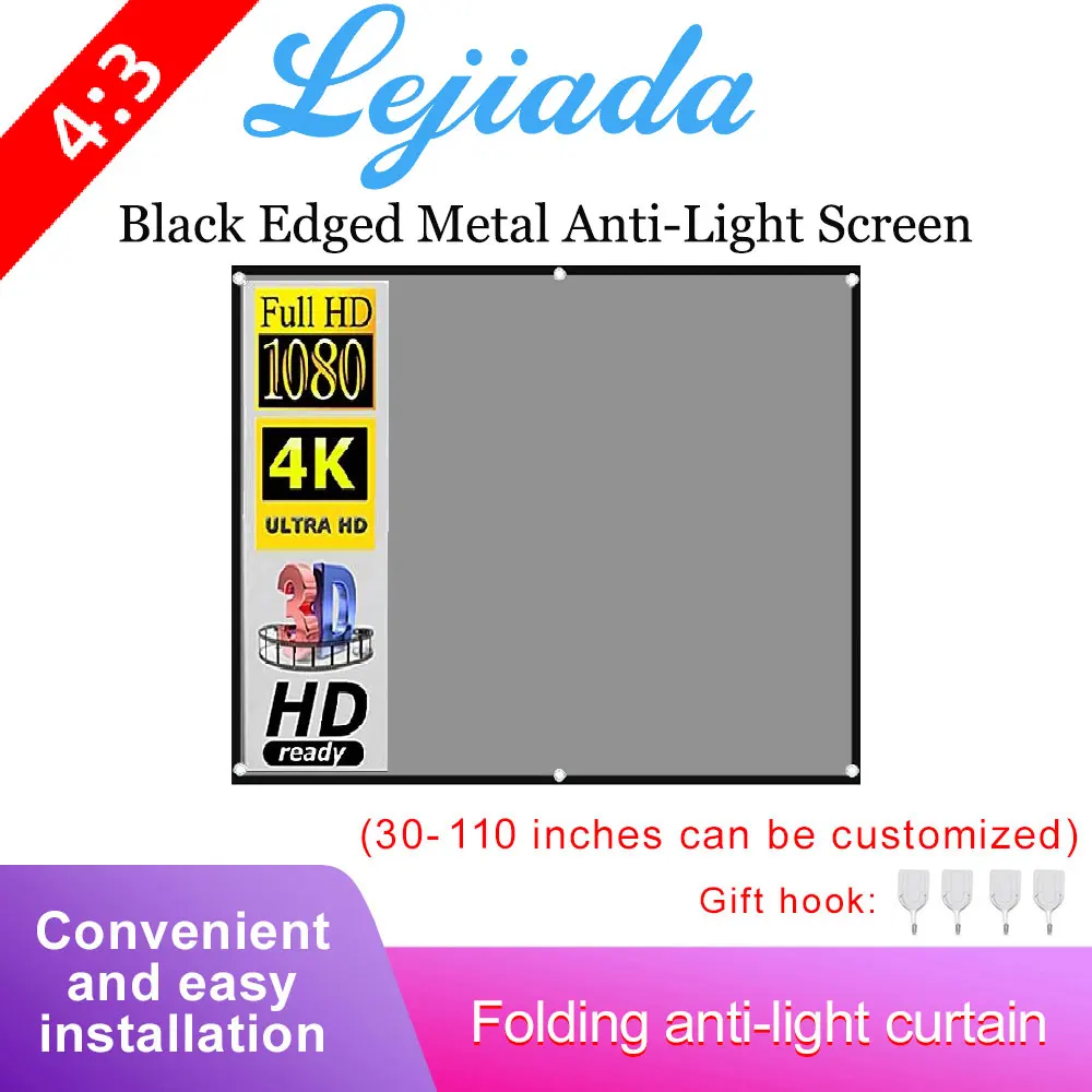 

LEJIADA 4:3 Projector Anti Light Curtain 84 100 106 72 92 60Inches Portable 3D HD Projection Screen With Black Border And Holes