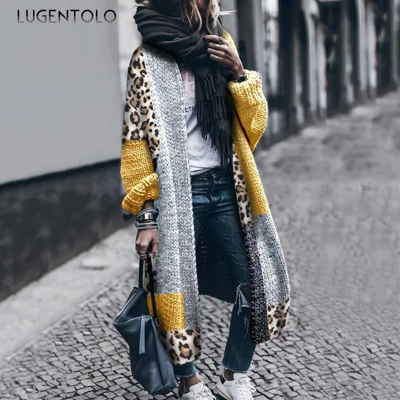 

Cardigan Sweater Women Splicing Leopard Atuumn Winter Long Sleeve Large Size Female Casual Fashion Knitted Sweaters