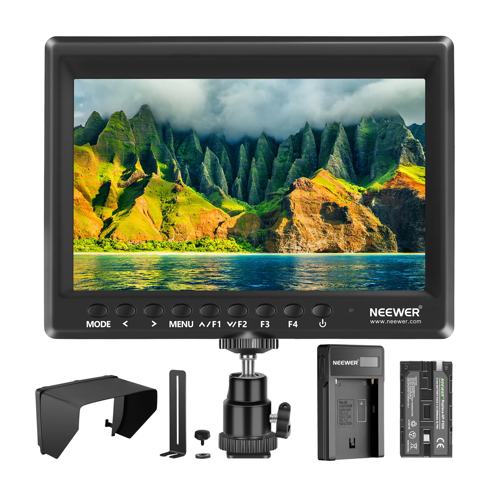 

Neewer F100 7-inch 1280x800 IPS Screen Camera Field Monitor Kit: Support 4k input with 2600mAh Rechargeable Li-ion Battery Pack