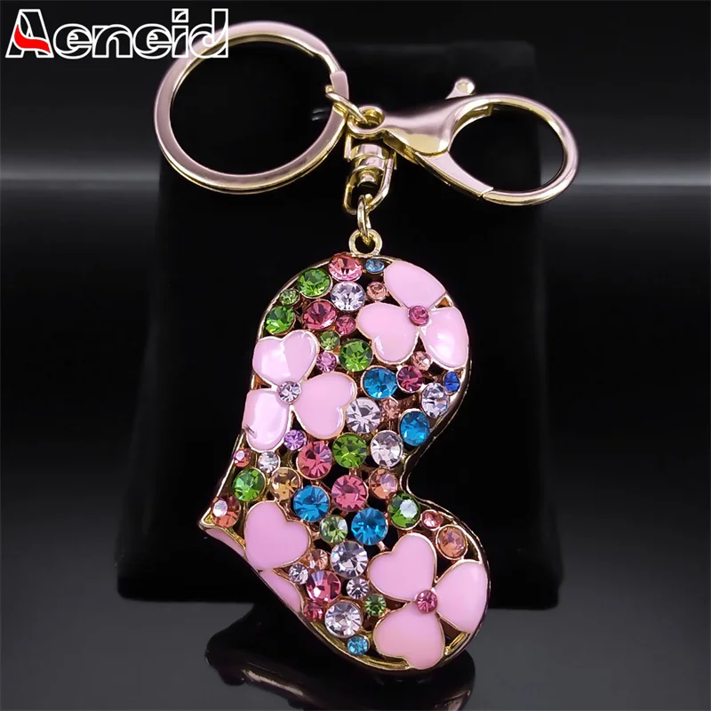 

Cute Pink Flower Love Heart Hollow Key Chain for Women Men Alloy Rhinestone Key Ring Holder Car Bag Accesorios Jewelry K5208S04