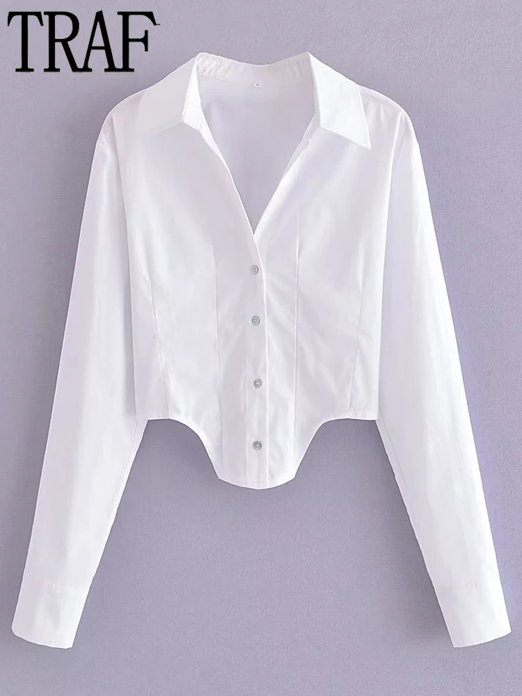 

TRAF White Cropped Shirt Women Tunic Summer Corset Top Female Long Sleeve Button Up Shirts Woman Fashion Semi Sheer Women Blouse