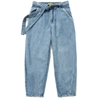 light blue jeans mens japanese style trend bf style loose wide leg pants with belt straight pants high street