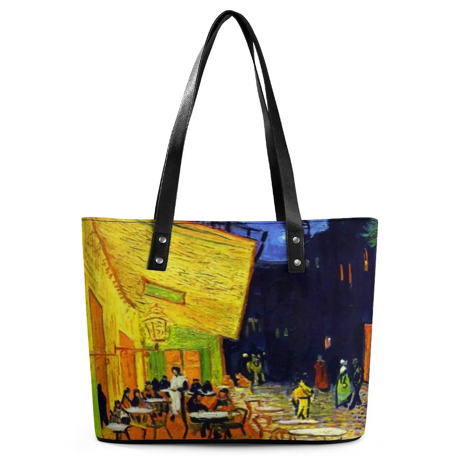 

Cafe Terrace at Night Handbags Van Gogh Grocery Tote Bag Women Cute Shoulder Bag Graphic Pocket PU Leather Shopper Bags