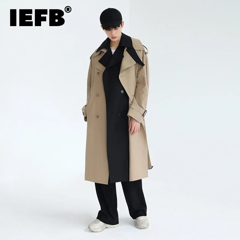 

IEFB Fake Two Piece Men's Long Coat Korean Fashion Handsome Cloak Windbreaker 2023 Autumn New Loose Knee Male Trench Tops 9C1634