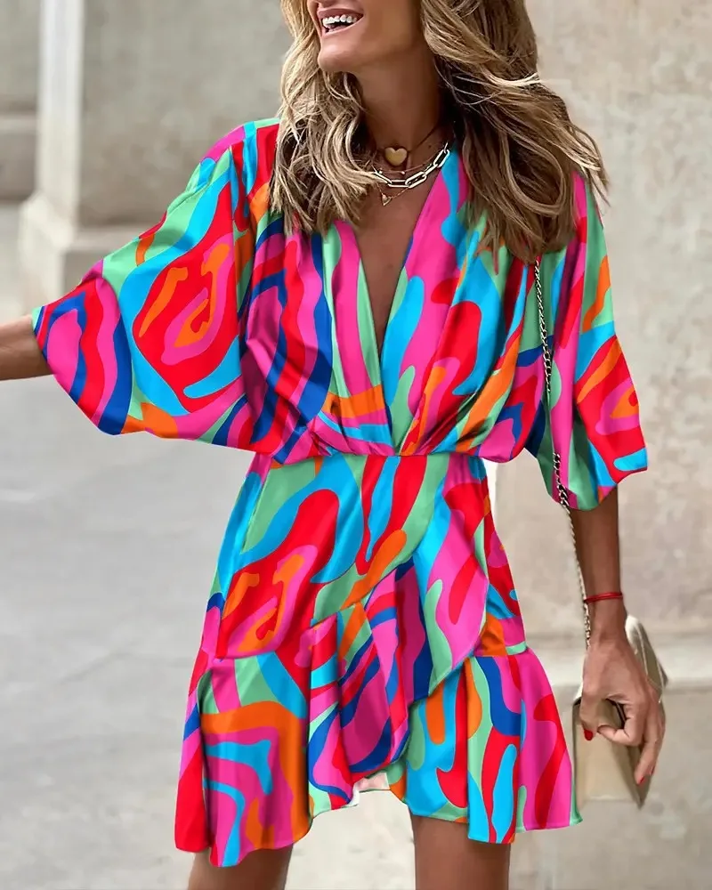 Women Print Dress Sexy V-Neck Bat Sleeve Ruffl Flowers Bohemian Beach Sundress Ladies Loose Summer Vacation Mini Dresses