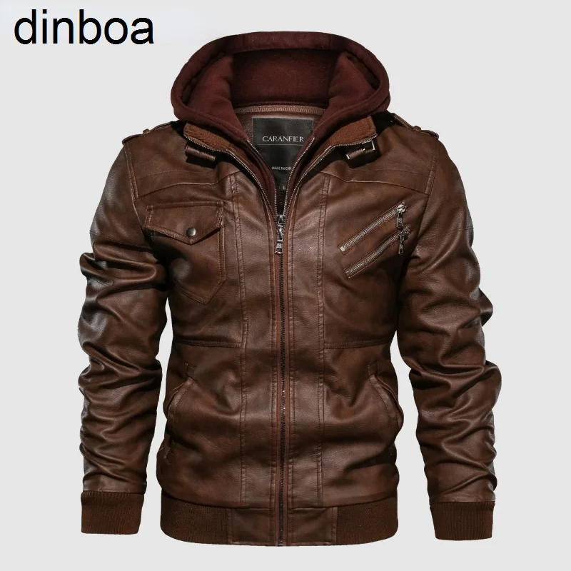 

Dinboa-Мужские Куртки из искусственной кожи с капюшоном, мужские пальто, мотоциклетная байкерская куртка из искусственной кожи, мужские класс...
