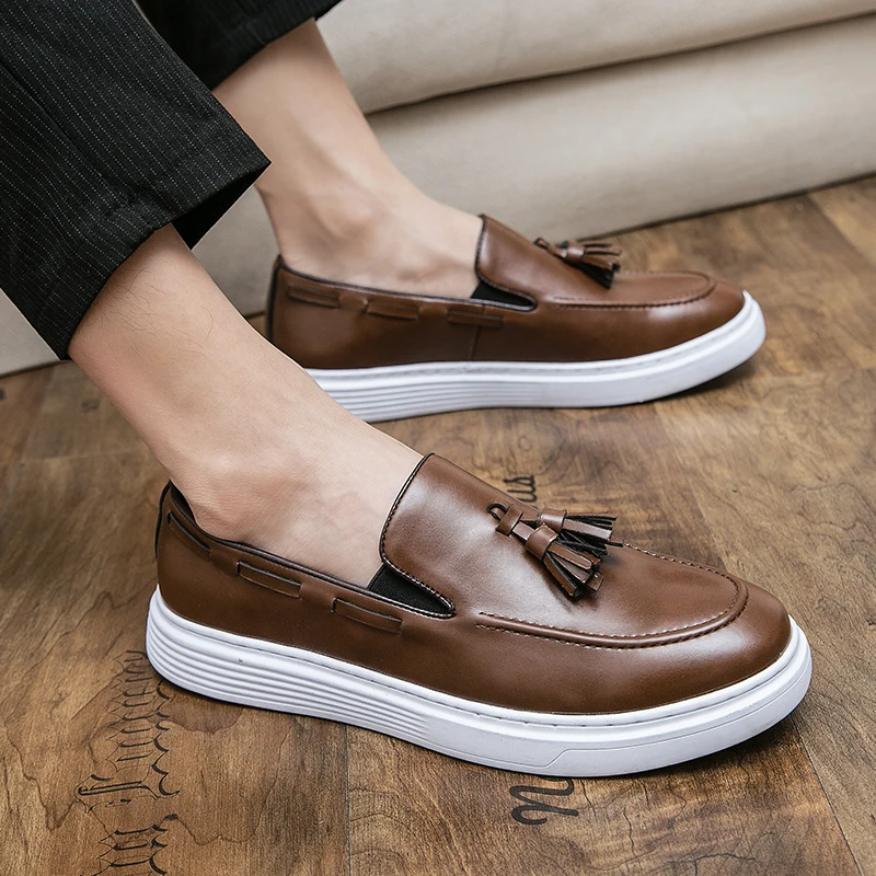 

Men Vulcanize Shoes Pu Leather Fringe Brown Loafers Solid Slip on Sneakers Shoes for Men with Free Shipping Men Shoes