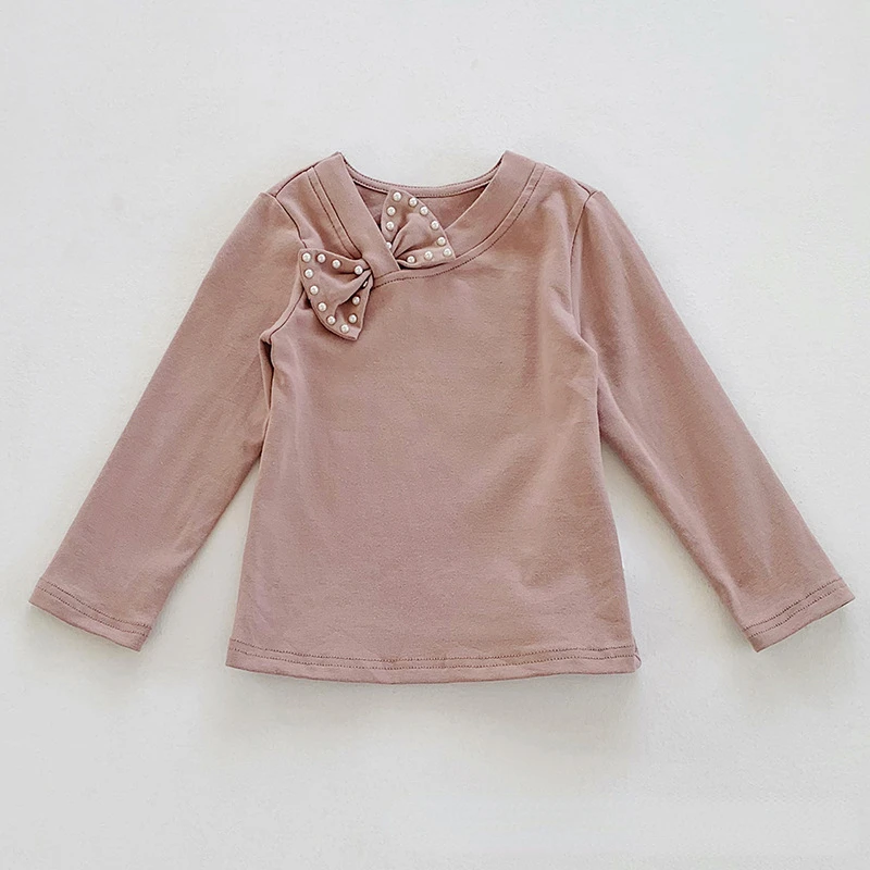 RiniLucia 2022 Autumn Baby Toddler Children Clothing Princess Girls Bowknot Pearl Long Sleeve Girl Cotton Shirt Kids Tops
