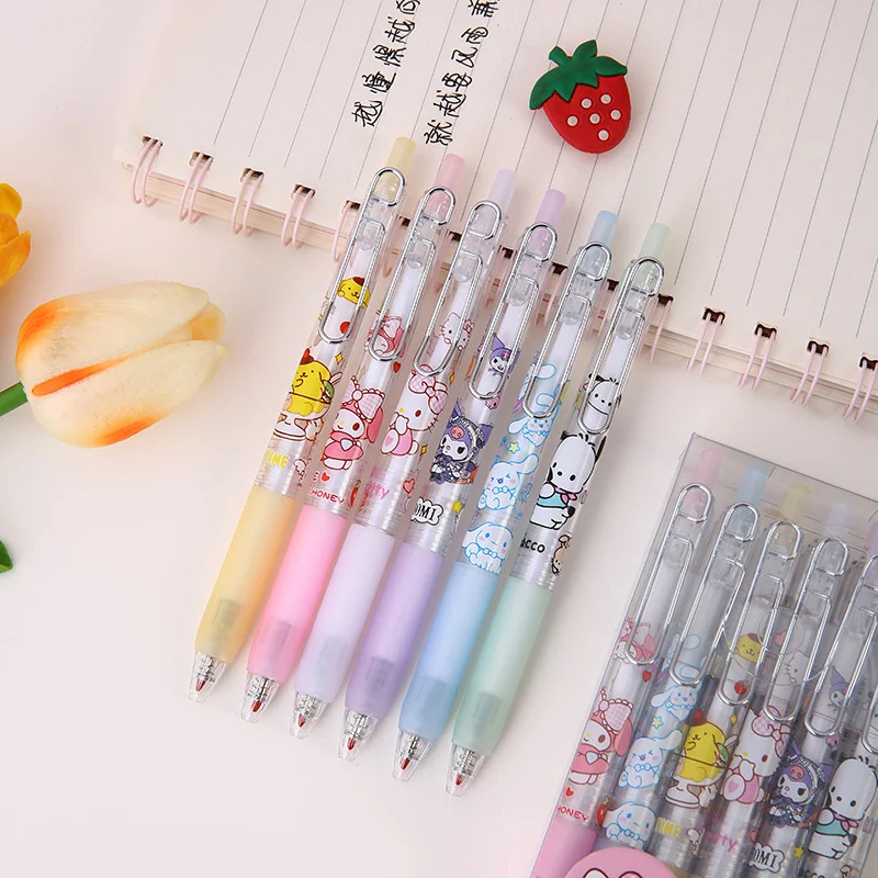 

12Pcs Sanrio Anime Hello Kitty Metal Hook Press Action Pen Student Cartoon Kuromi Melody Press Neutral Pen Children's Toy Gifts