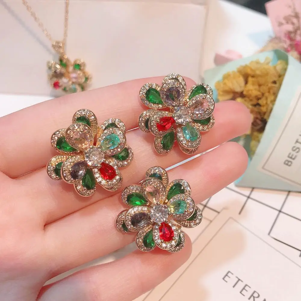 

HOYON Tourmaline Flower Jewelry Set Three-Dimensional Camellia Pendant Necklace Opening Adjustable Ring Bracelet Earrings