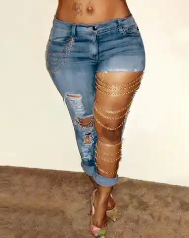 Women's Jeans Casual New Fashion 2023 Summer Chain Decor Cutout Ripped Denim Skinny Pants Female Clothing Y2K Outfits