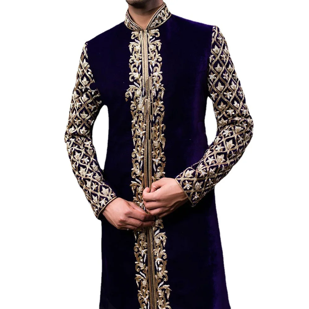 Ramadan Eid Muslim Mens Robe Middle Arabia Zipper Dubai Thobe for Men Abaya Jubba Stand Collar Gold Pattern Islamic Clothing