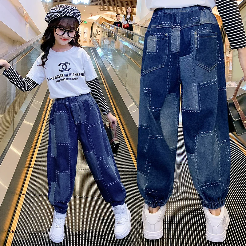 

Autumn New Girls Pants Jeans Lattice Stripe Print Soft Washed Cotton Denim Pants Trousers Kids 5-14 Years Child Girls Blue Jeans