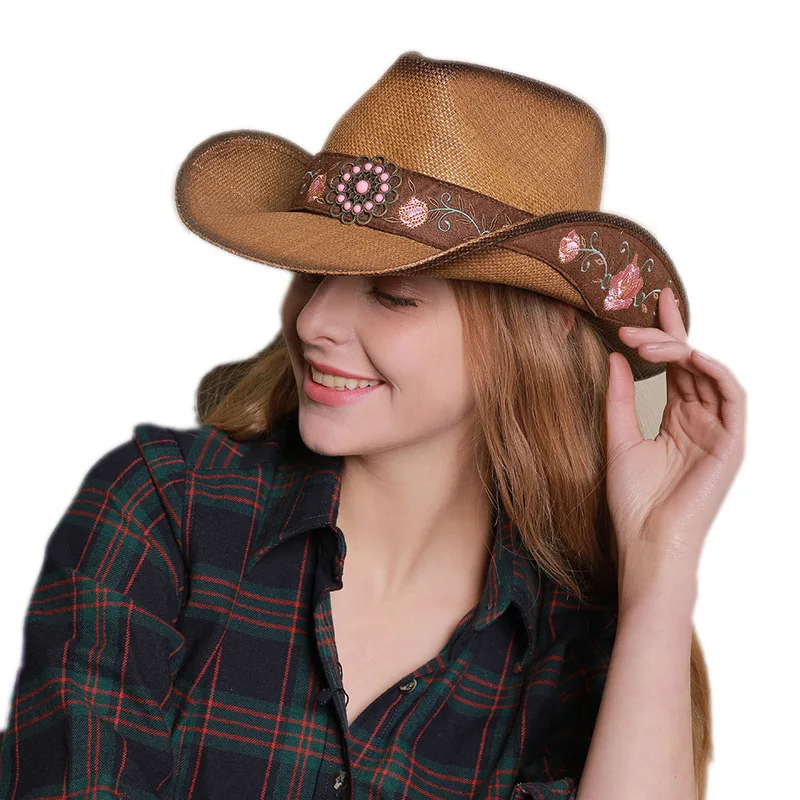

Flowers Embroidery Sun Hats For Women Western Straw Cowboy Cap Elegant Cowgirl Vintage Sombrero Hombre Caps Summer Beach Hat