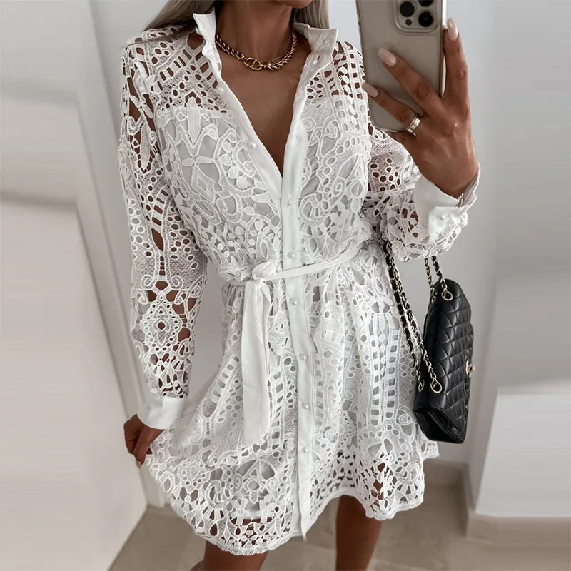

Sexy Women Lace Hollow Out Shirt Dress of Lady Turn-Down Collar Soid Party Dress Vintage Office Lady Ruffle Beach Dresses Robe