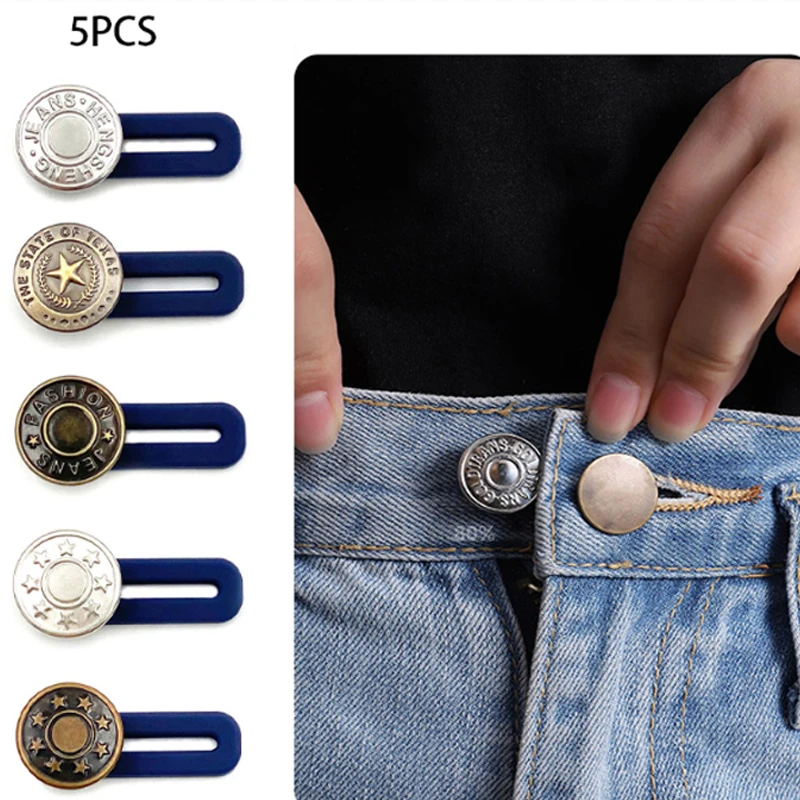 

5PCS Retractable Buckles Metal Buttons Jeans Waist Extender Adjustable Disassembly Free Sewing Buttons for Clothing Jeans Pant