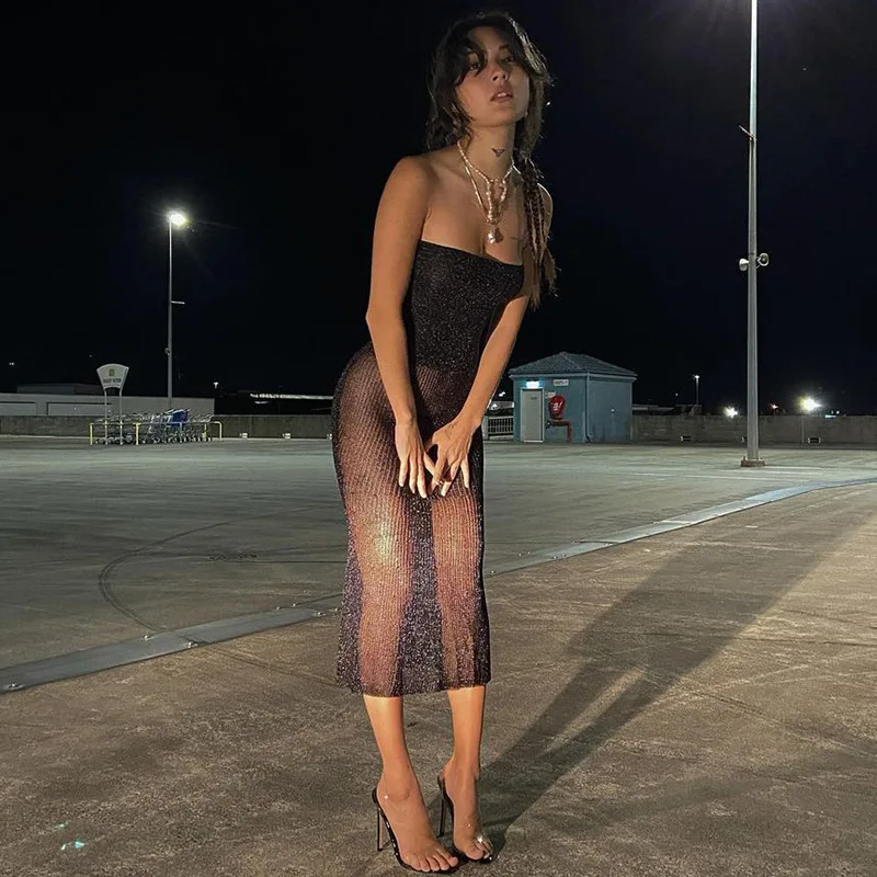 

Mesh Off Shoulder Black Sleeveless Patchwork See Through Sexy Midi Dress 2022 Summer Bodycon Holiday Party Outfits Y2K Sexy