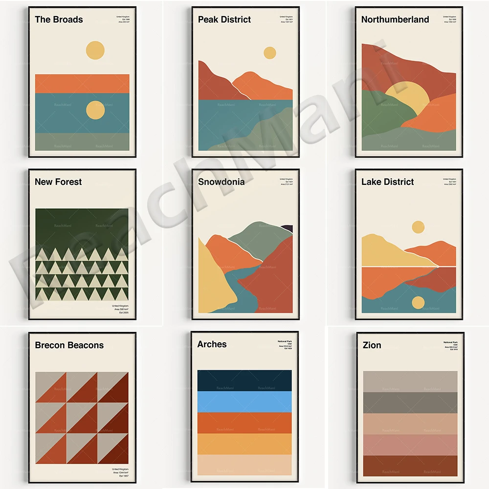

Brecon Beacons Wales, Northumberland, Arches, Zion, Snowdonia, New Forest, The Broads, Peak District National Park travel poster