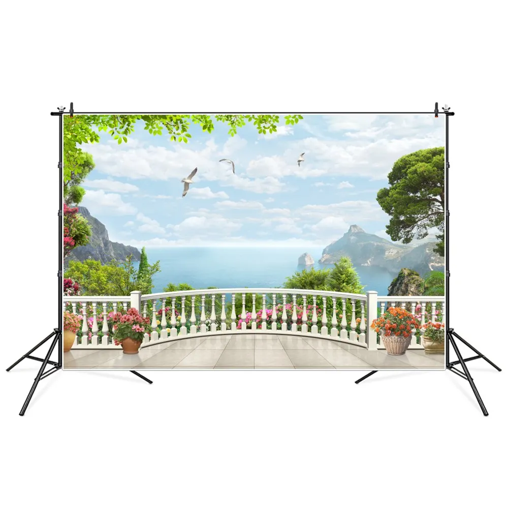 

Natural Arched Marble Balcony Sea Gull Decoration Photography Backdrop Ocean Seaside Viewing Platform Mountains Photo Background