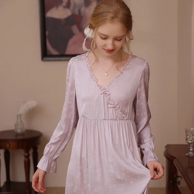 SXTHAENOO Princess Vintage Lace Nightgowns Autumn Ice Silk filigree V-neck Sleeve Nightdress Women Sweet Long Nightie Sleepwear