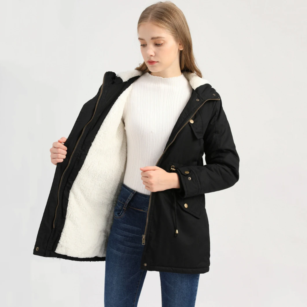 Ladies Autumn and Winter Women's Plush Fleece Warm Coat Plush Cotton Thick Coat Solid Color Hooded Commuter Basic Coat Fashion
