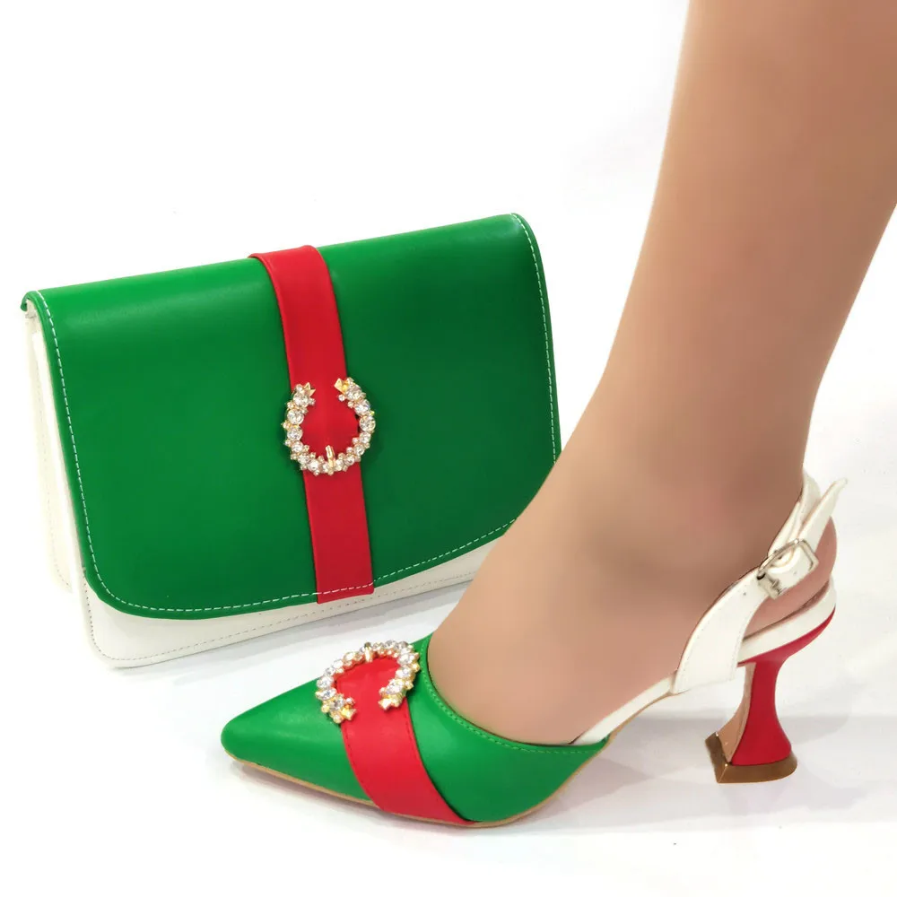 

Ladies Fashion Shoes and Bag Set Italian Design Decorated with Rhinestone Shoes with Matching Bags High Quality Party Green