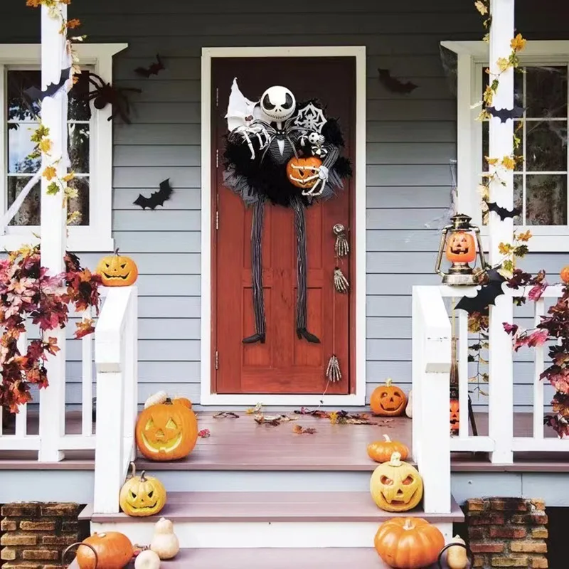 

1PC Halloween Skull Wreath With Bow Decoration Front Door Decor Window Door Hanging Skull Garland Horror Atmosphere Layout Prop