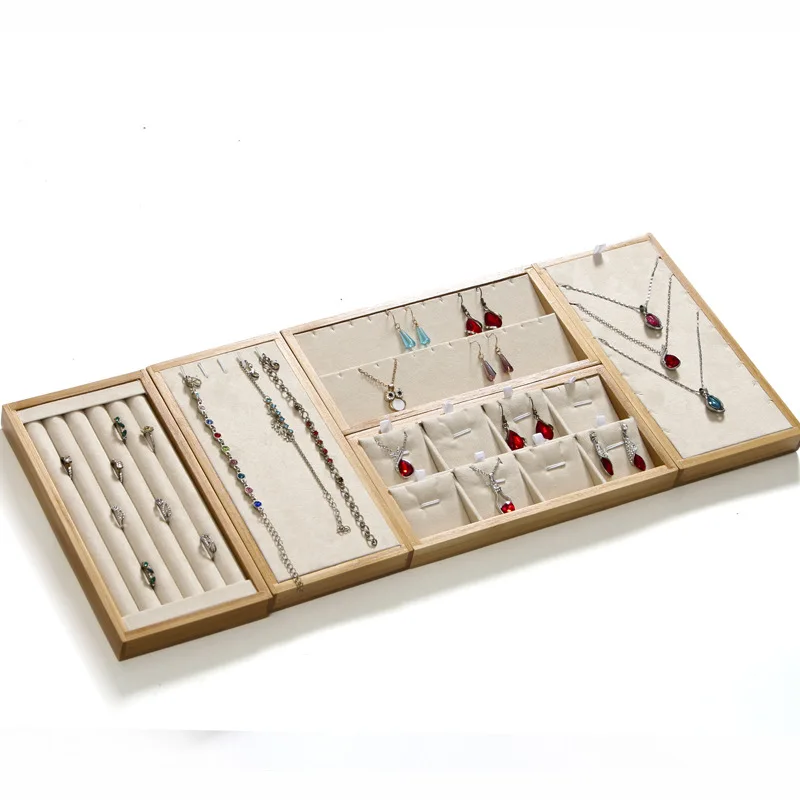 Fashion Bamboo Velvet Jewelry Display Tray Ring Box Earring Necklace Bracelet Pendant Display Organizer Jewelry Storage