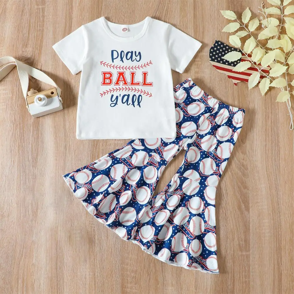 

0-4Y Toddler Baby Girls Letters Print Short Sleeve T-Shirt Flared Pants Set 2023 Summer Bell Bottom Outfit