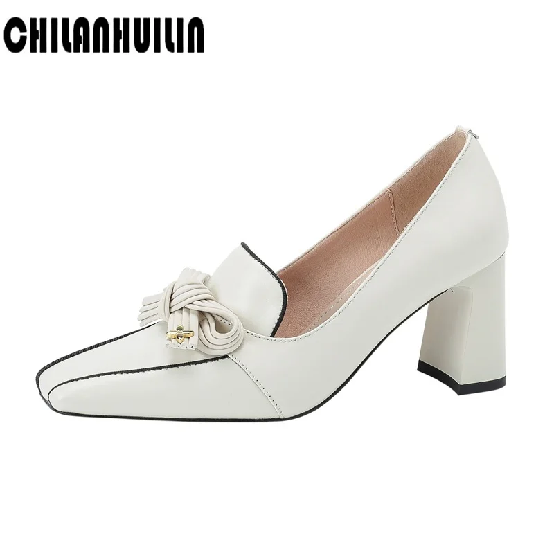 classic women shoes chunky high heel pumps bow tie pointed toe office lady shoes party ladies dress shoes bowtie knot nude pumps