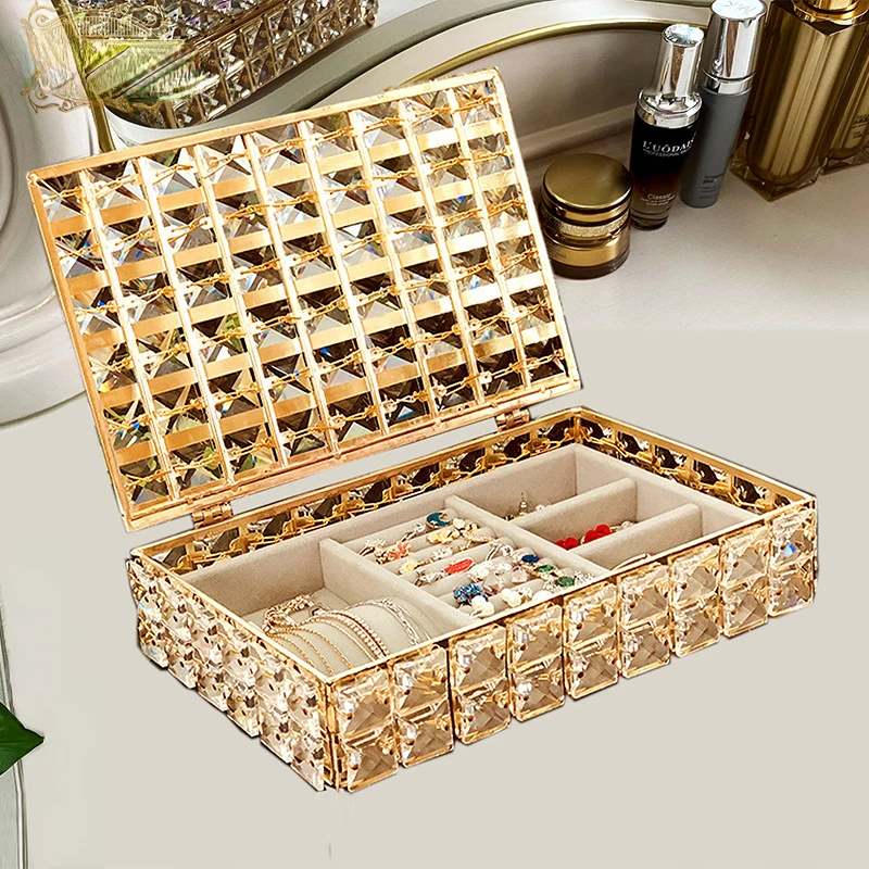 

Wholesale High-End Necklace Bracelet Ring Jewelry Box Dressing Table Crystal Jewelry Box Desktop Flannel Casket Jewel Box