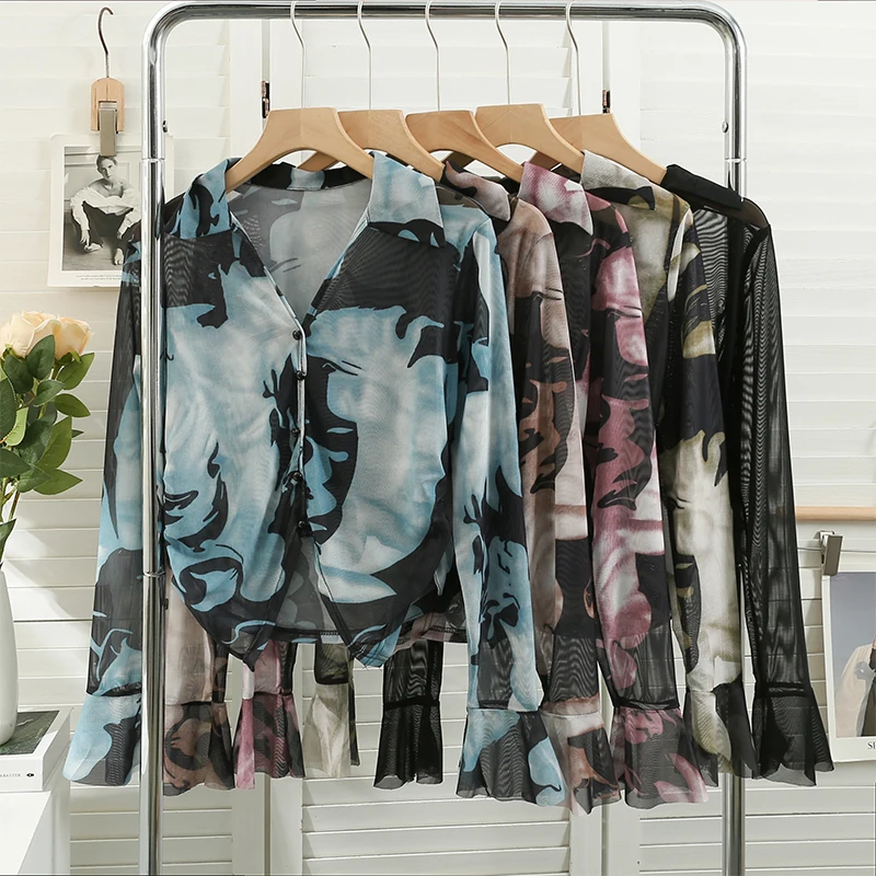 

Vintage Print Mesh Puff Long Sleeve Shirt Slim Sexy Blouse Chic Transparent Women Spring Summer Crop Top Fashion Streetwear