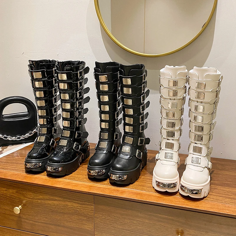 

Platform Wedges Boots For Women Metal Design Buckle Strap Goth Gothic Fashion Motorcycle Punk Boots Girls Knee High Shoes Winter