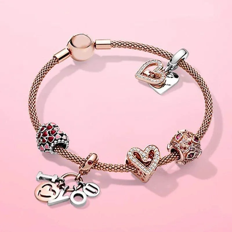 

100% S925 Terling Silver Spring Rose Gold Hand-painted Love Kiss Charm Pendant Bracelet Confession Valentine's
