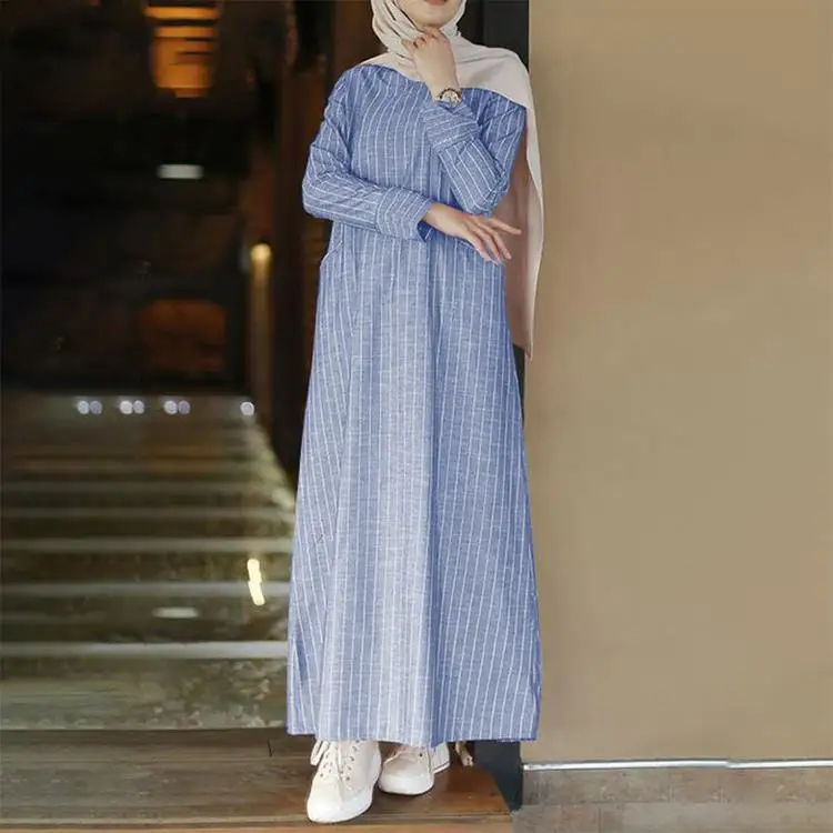 

Abayat Vintage Casual Long Sleeve Abayas for Women Dubai 2023Striped Cotton Linen Women's Dress Robe Femme Musulman