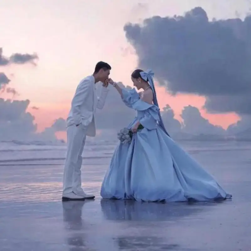 

Blue Satin Vestido De Noiva Princesa 2023 New Sweet Ruffles Ball Gown Wedding Dresses With Small Train Simple Robe De Mariee