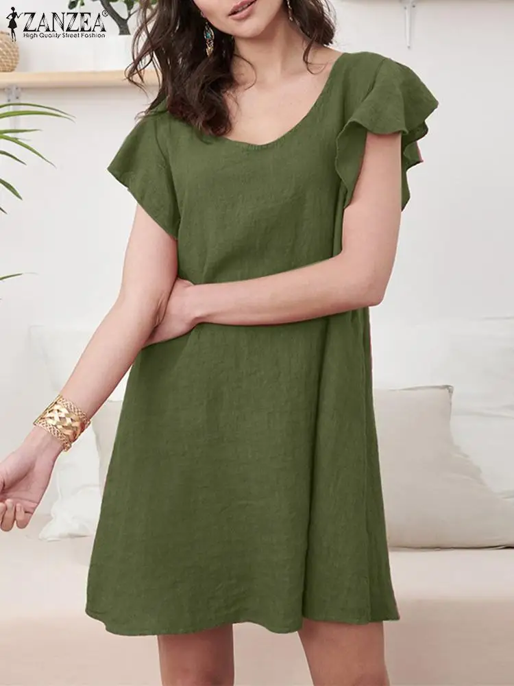 

ZANZEA Fashion Summer Dress Short Sleeve Ruffles Sundress Women Bohemian O Neck Solid Casual Dresses Holiday Beach Mini Vestido