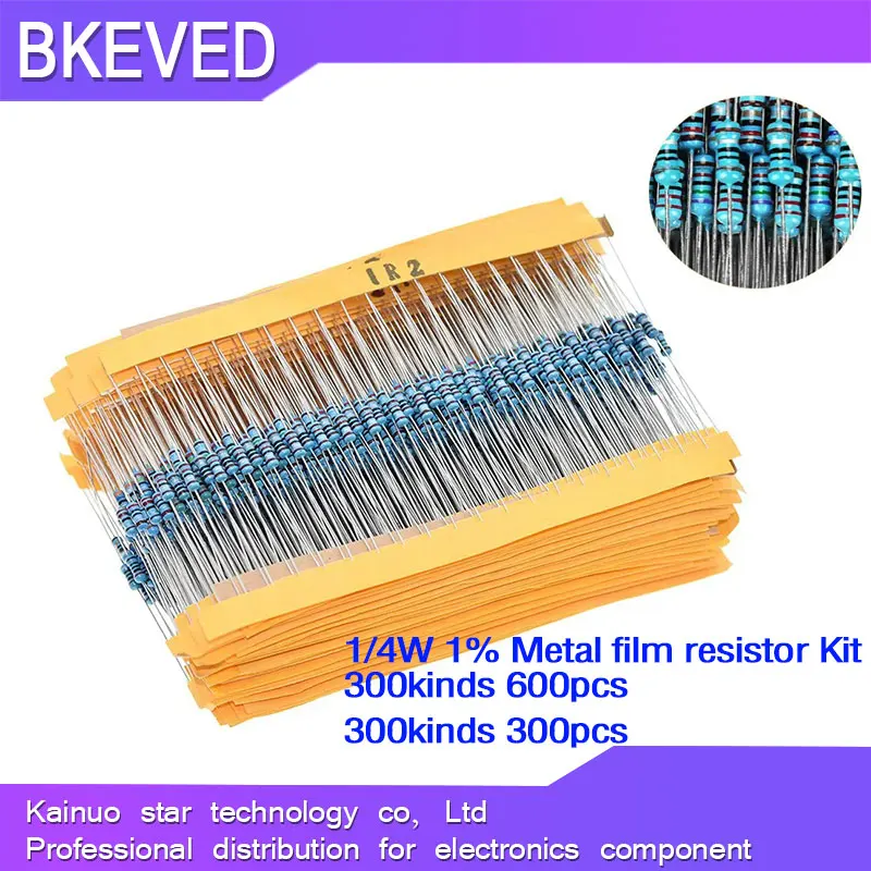 

600pcs/set 30 Kinds 1/4W Resistance 1% Metal Film Resistor Pack Assorted Kit 1K 10K 100K 200K 220 ohm 1M Resistors 300pcs/set