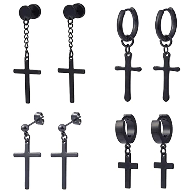 

4 Pairs of Stainless Steel Ear studs Set With Hanging Cross Punk Style Suitable for Men and Women Black Steel Color
