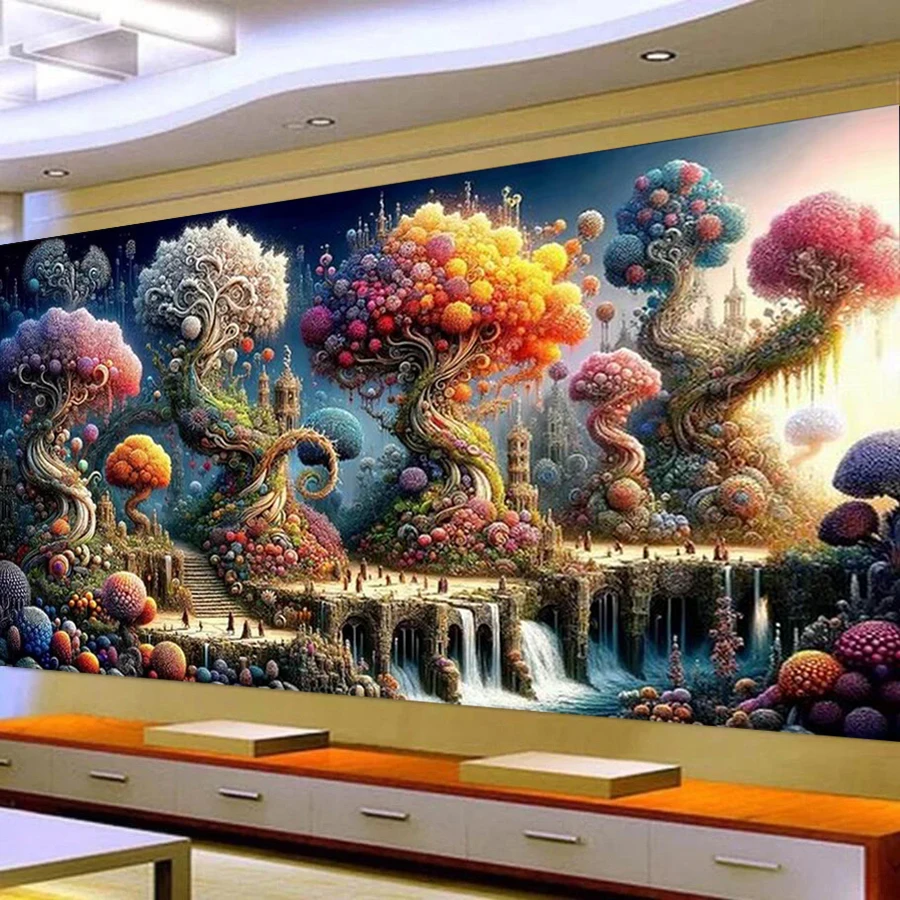 Fullcang Large Size Diamond Painting Kits Fantasy Garden Abstract Trees Diy Full Mosaic Embroidery Landscape Picture Wall Decor