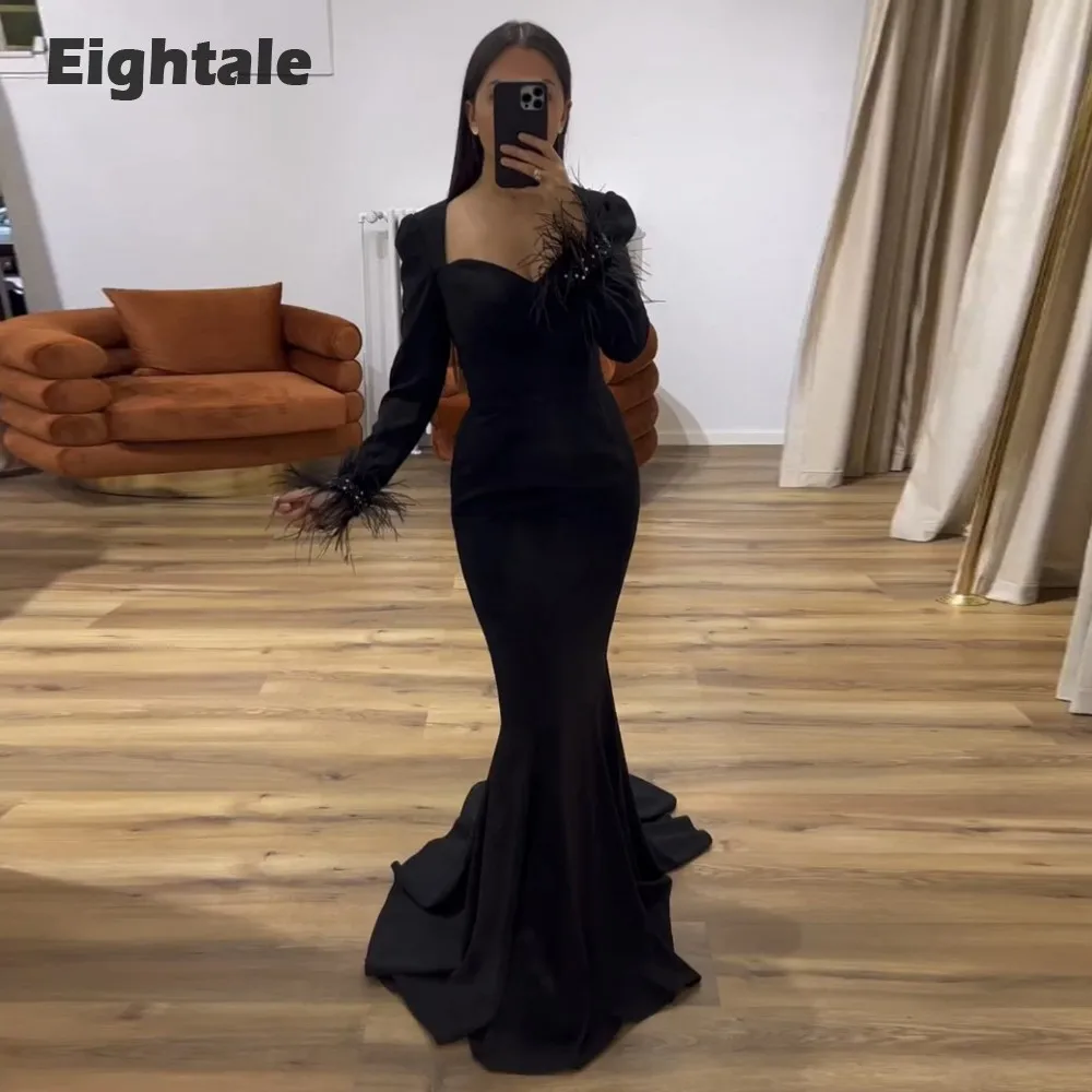 

Eightale New in Evening Dresses Feather Long Sleeves Beaded with Pearls Prom Party Gown Graduation vestidos festas e eventos