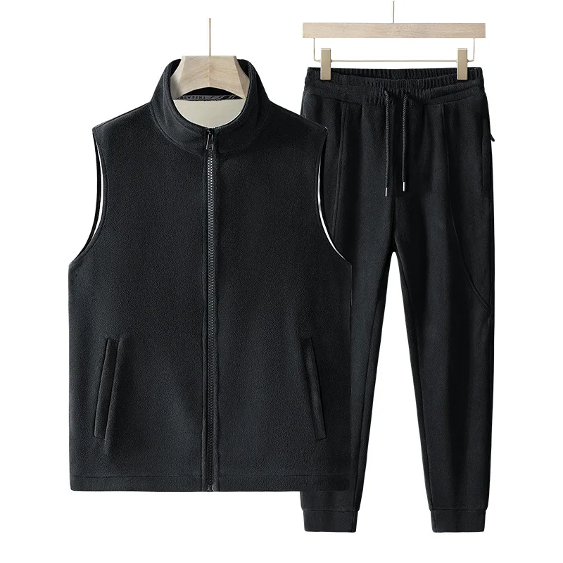 

Men Clothing Warm Men's 2pcs Tracksuit Sets Fleece Vest Jacket Pants Casual Thick Sportswear Stand Collar Vest Sports Sets