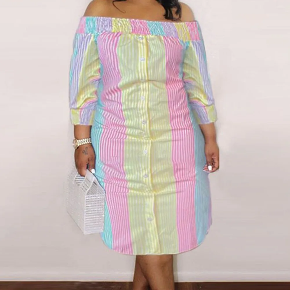 Plus Size Women's Dress 2023 New Large Autumn Long Sleeve Striped Print Off Shoulder Long Dresss Loose Fashion Female Dress