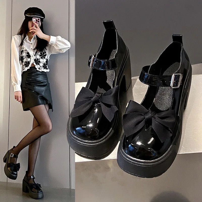 

High Heeled Small Leather Shoes Female 2023 New Spring Autumn Large Size Mary Jane Bow Shoes Thick Bottom Uniforms Single Shoes