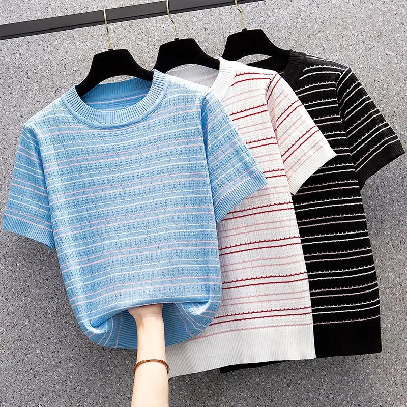 

4XL size women casual loose Stripe kintting thin T-shirt top 2022 Summer short sleeve o neck Oversized pullover sweater