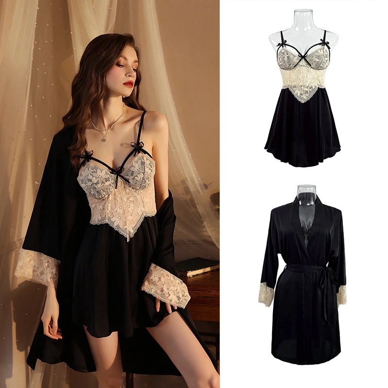 

Pajamas Set Sexy Nightie Bride Bridesmaid Robes and Sling Night Dress Silky Lace Wedding Nightgown for Women Sleepwear Bathrobe