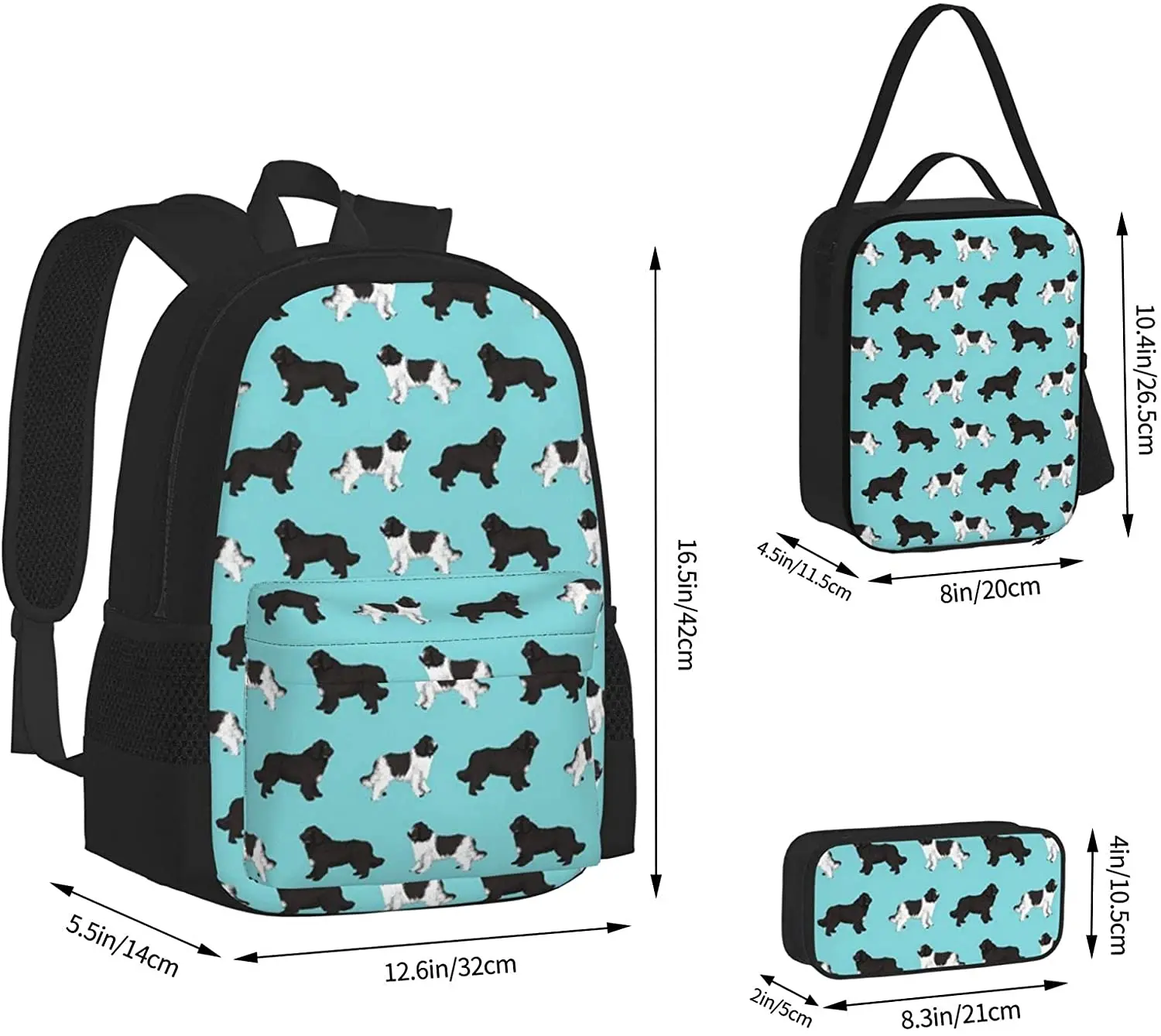 Newfoundlands Dog Fabric Cute Dogs Backpack Set 3-Piece Teen Boys Girls Backpack Messenger Lunch Bag Pencil Case Set