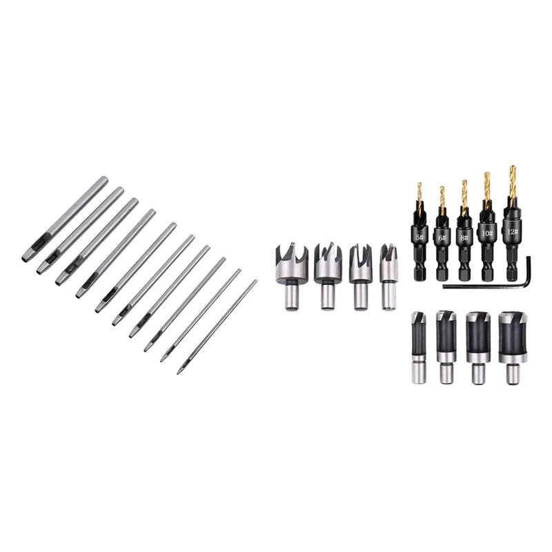 

14Pc Countersink Drill Bit Wood Plug Cutter & 10 Pcs Leather Hole Punch Cutter Hollow Punch Set For Leather Tools